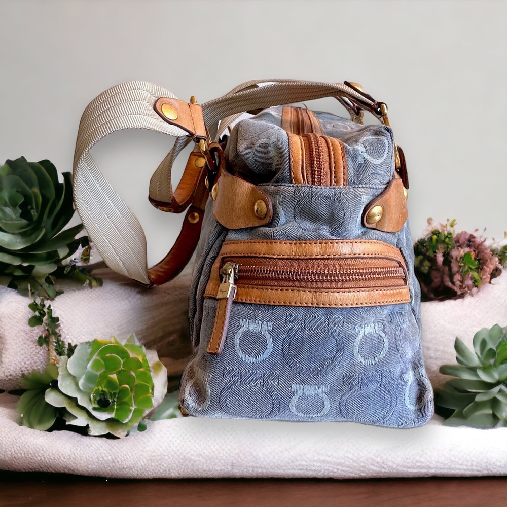 Ferragamo cotton blue denim shoulder satchel leather w/dustbag #H76c - Picture 3 of 10